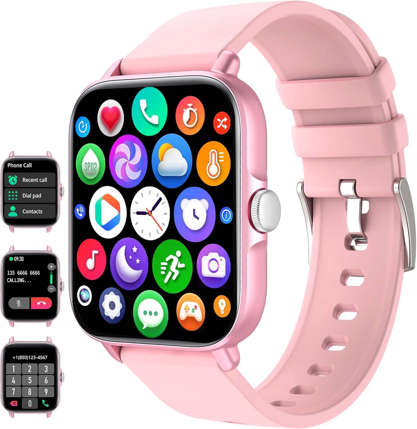 DXPICR Smart Watch main product image, showing the pink smartwatch with its various app icons and call/dial pad interfaces.