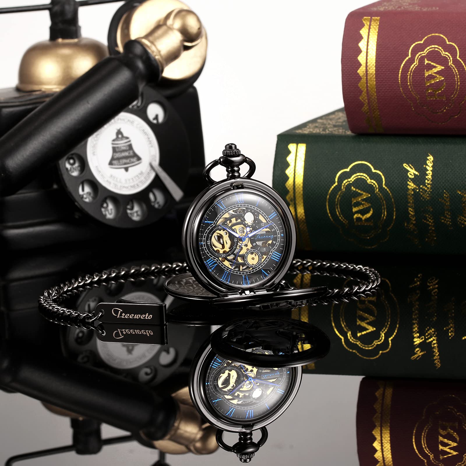 TREEWETO Montre de Poche Unisexe Mécanique à Double Couverture Complète en Métal Alchimiste Squelette Steampunk pour Hommes Femmes avec Chaîne