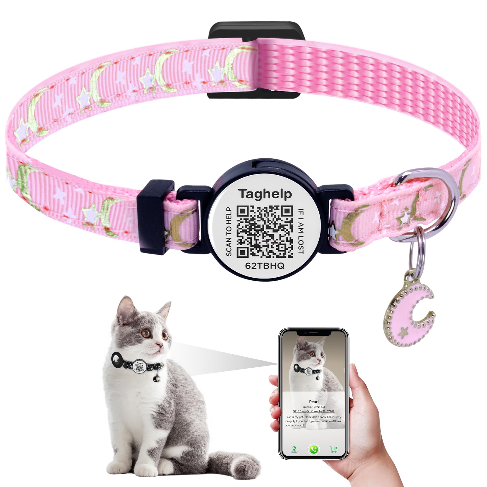 Smart Lost & Found System: Breakaway Cat Collar with Free Lifetime QR Code ID, Adjustable Reflective Kitten Collar (Stars & Moon) - No Monthly Fees,