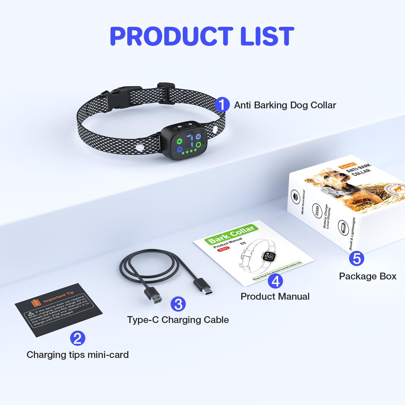 Collar de ladridos para perros grandes, medianos y pequeños, dispositivo antiladridos para perros, collar inteligente recargable con 7 sensibilidades ajustables, collar compacto para interiores y