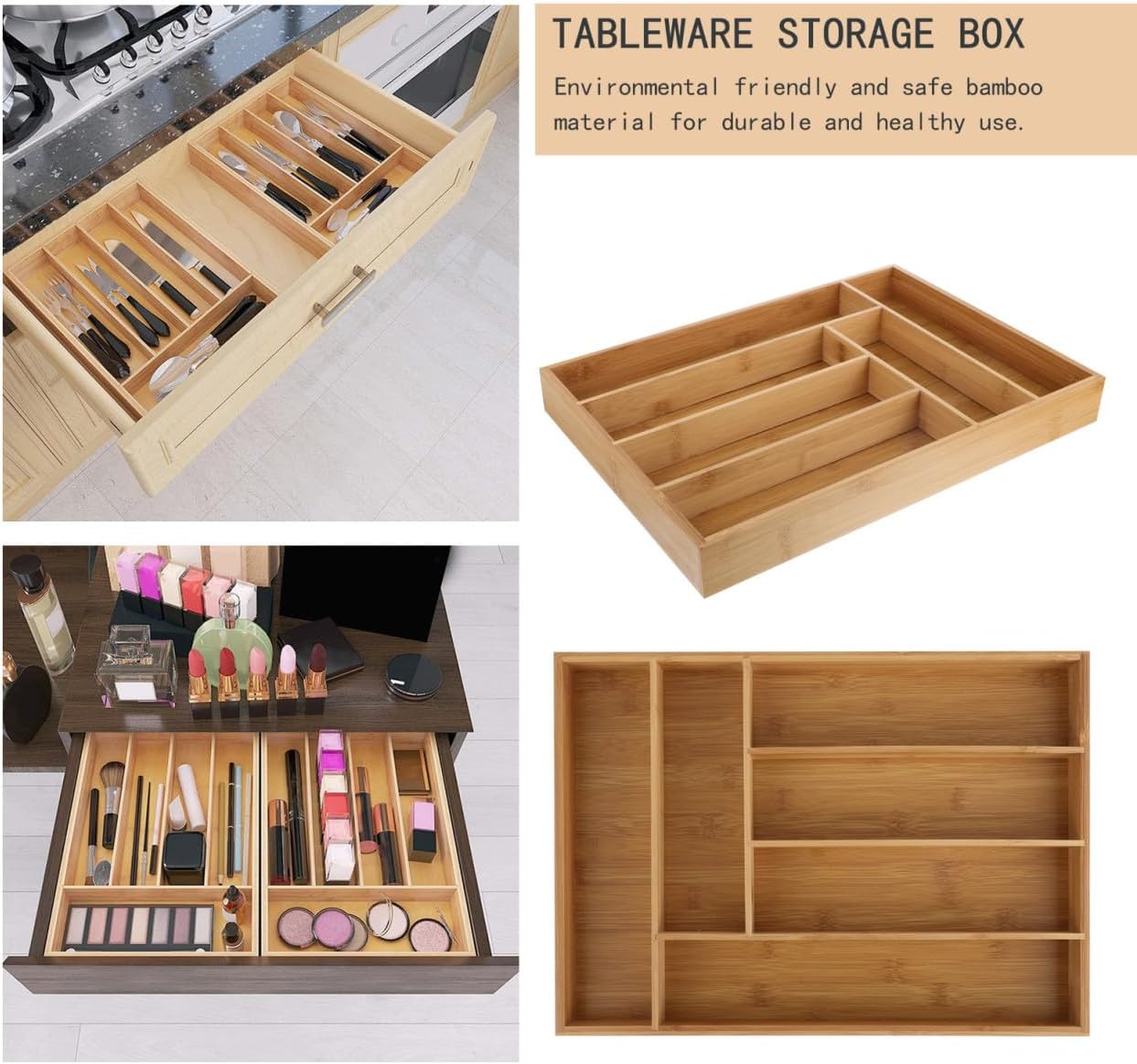 Cutlery Box Drawer Organizer with 6 Compartments, Natural Flatware Storage Tray for Kitchen Utensils and Tableware, Practical Drawer Organizer for Kitchen Storage