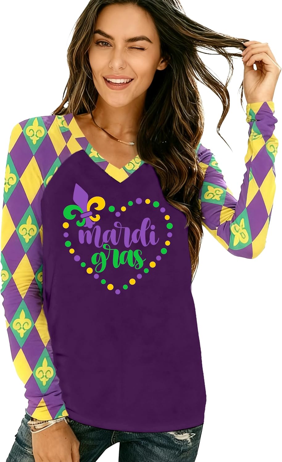 Mardi Gras Long Sleeve Shirt for Women Mardi Gras V Neck T-Shirts Fat Tuesday Tee Heart Tops