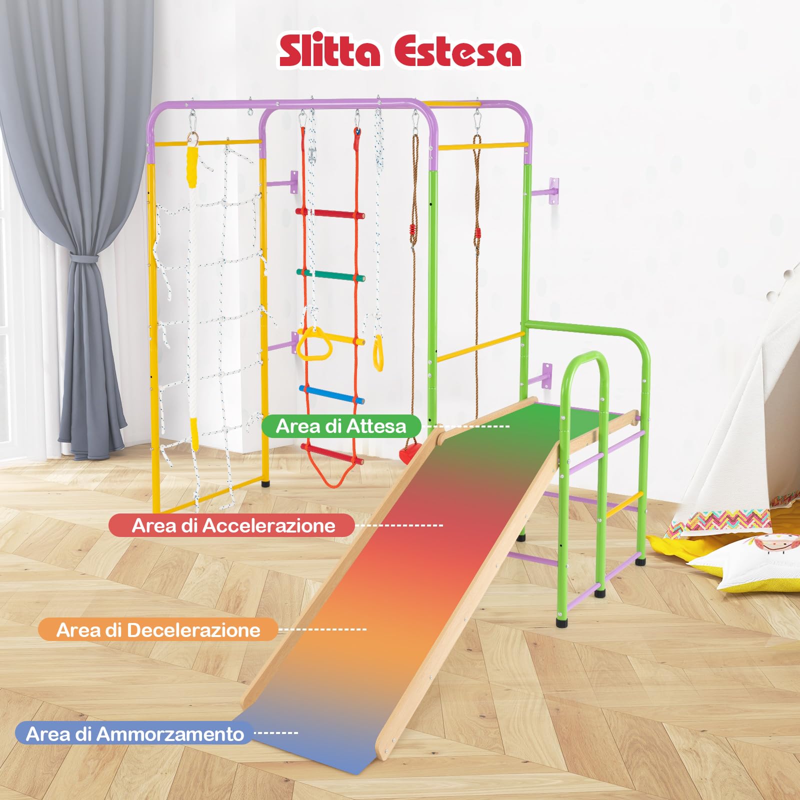 COSTWAY 8 in 1 Set da Arrampicata per Bambini, Set Giocattoli Scivolo con Barre Scala Corda Anelli Ginnici e Altalena, Parco Giochi per Bambini 3 Anni +, Carico 100 kg