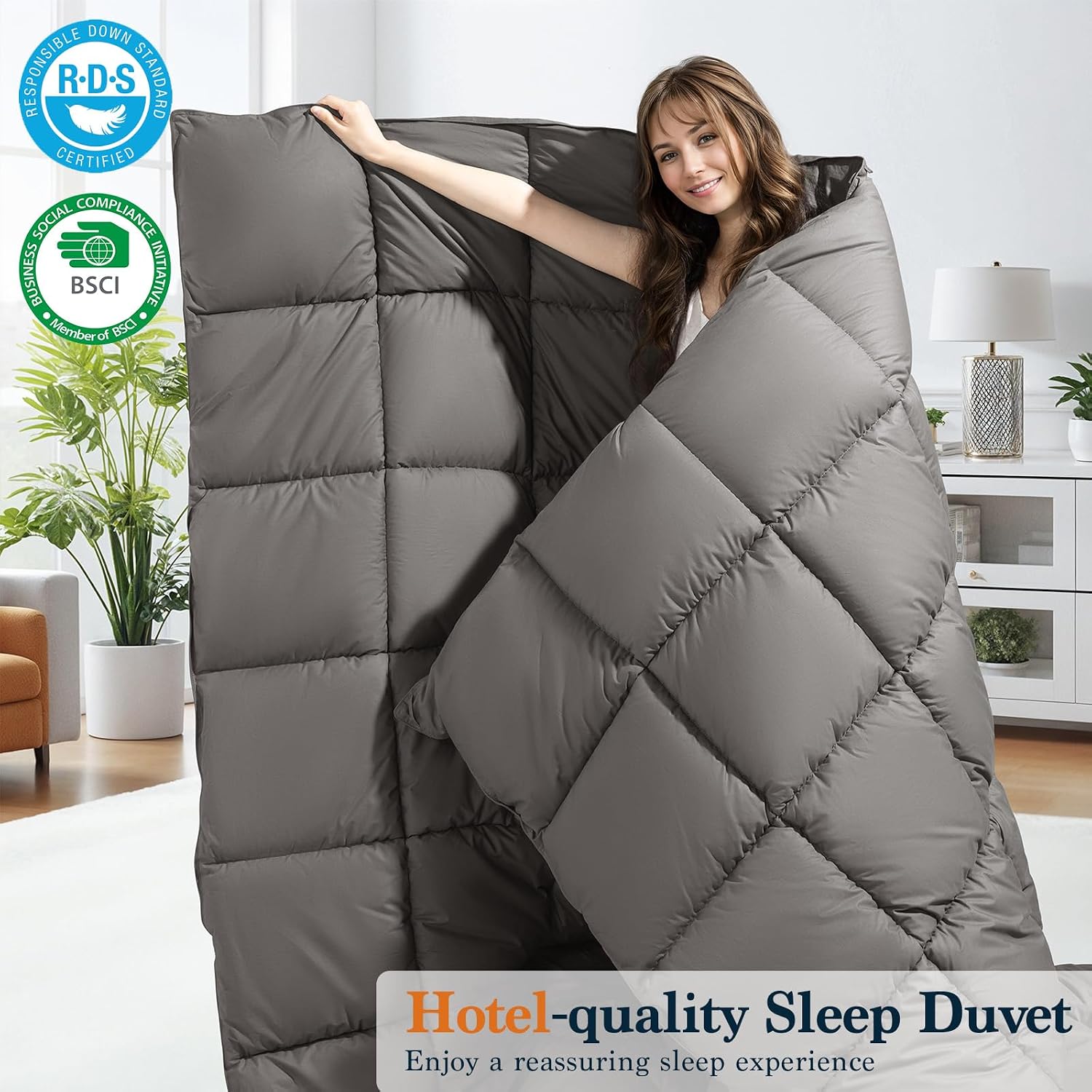 75% Canadian Goose Down Comforter Queen Size, Ultra Soft 100% Cotton Fabric, 850 Fill Power All Season Duvet Insert, Hotel Luxury Bedding Comforters (Dark Gray,90"x90")