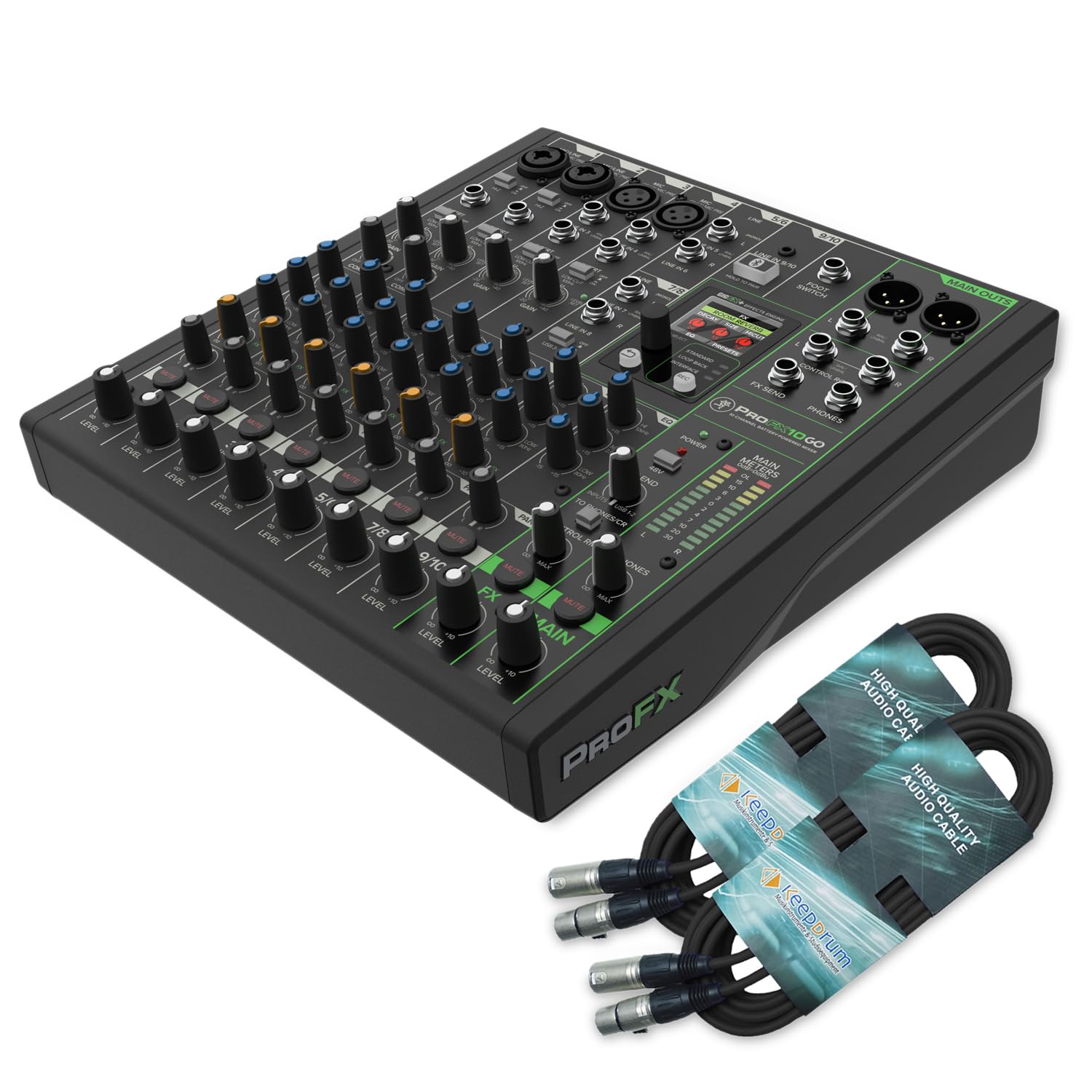 Mackie ProFX10 GO Mischpult akkubetriebener Mixer mit 2x keepdrum XLR-Kabel