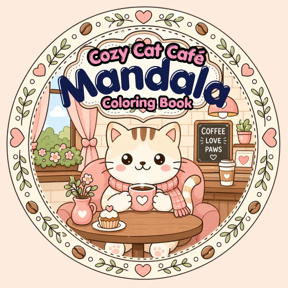 Cozy Cat Café Mandala Coloring Book for Adults & Teens: Cute & Easy Coffee-Themed Mandala Designs for Relaxation & Stress Relief