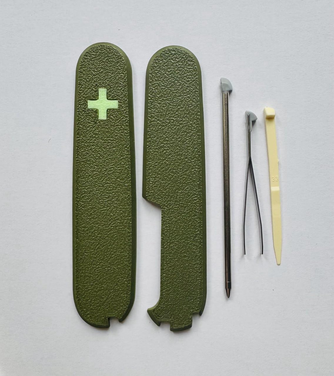 Replacement Covers For Victorinox Scales Plus 91mm Plastic Handles With Toothpick Tweezers And Pen Glowing Cross (Army Green) โ image 1