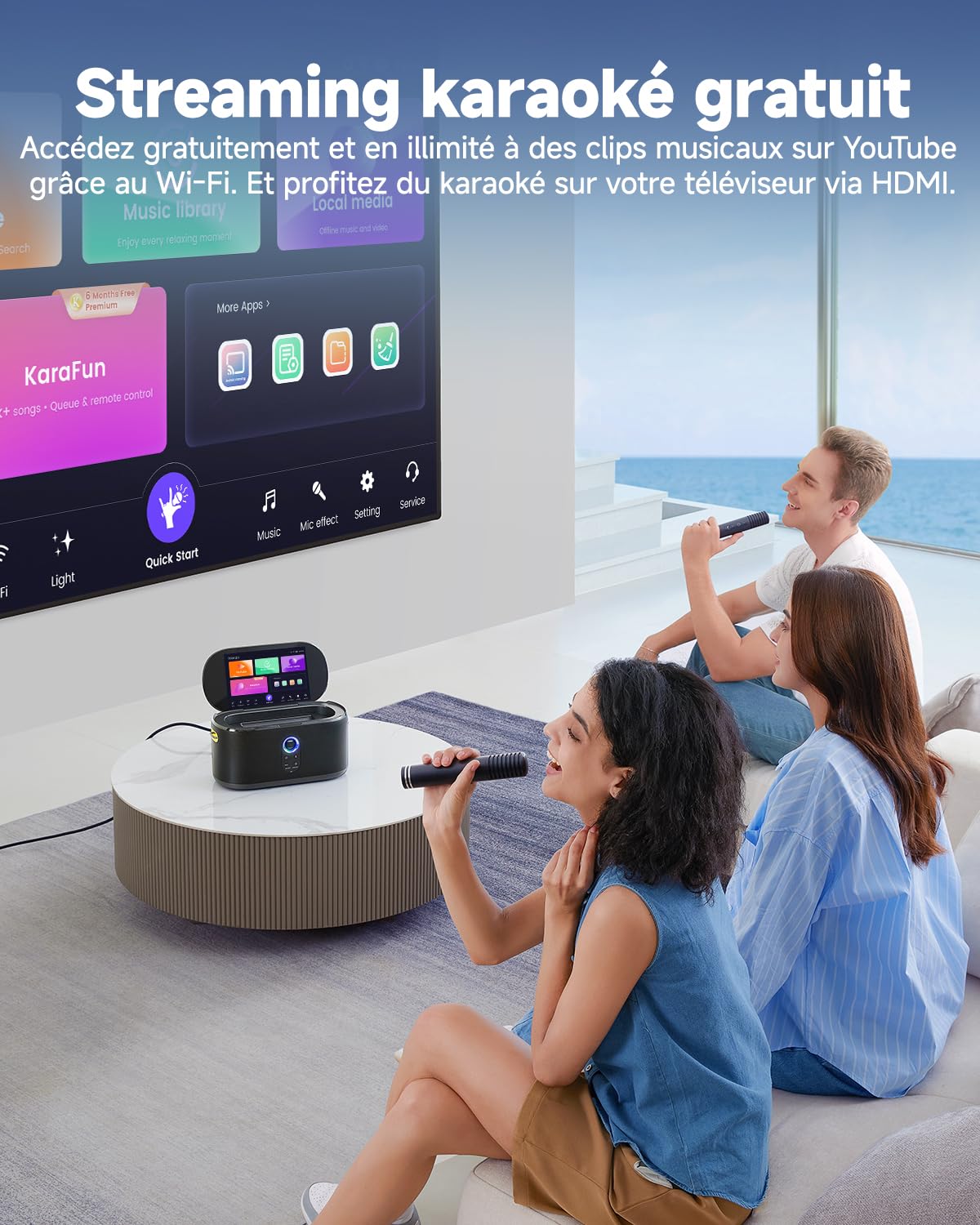 Ikarao Shell S1 Machine de Karaoké avec Écran Intégré, Bluetooth, Micros sans Fil et Éclairage Festif – Parfait pour Enfants, Adultes et Activités Extérieures
