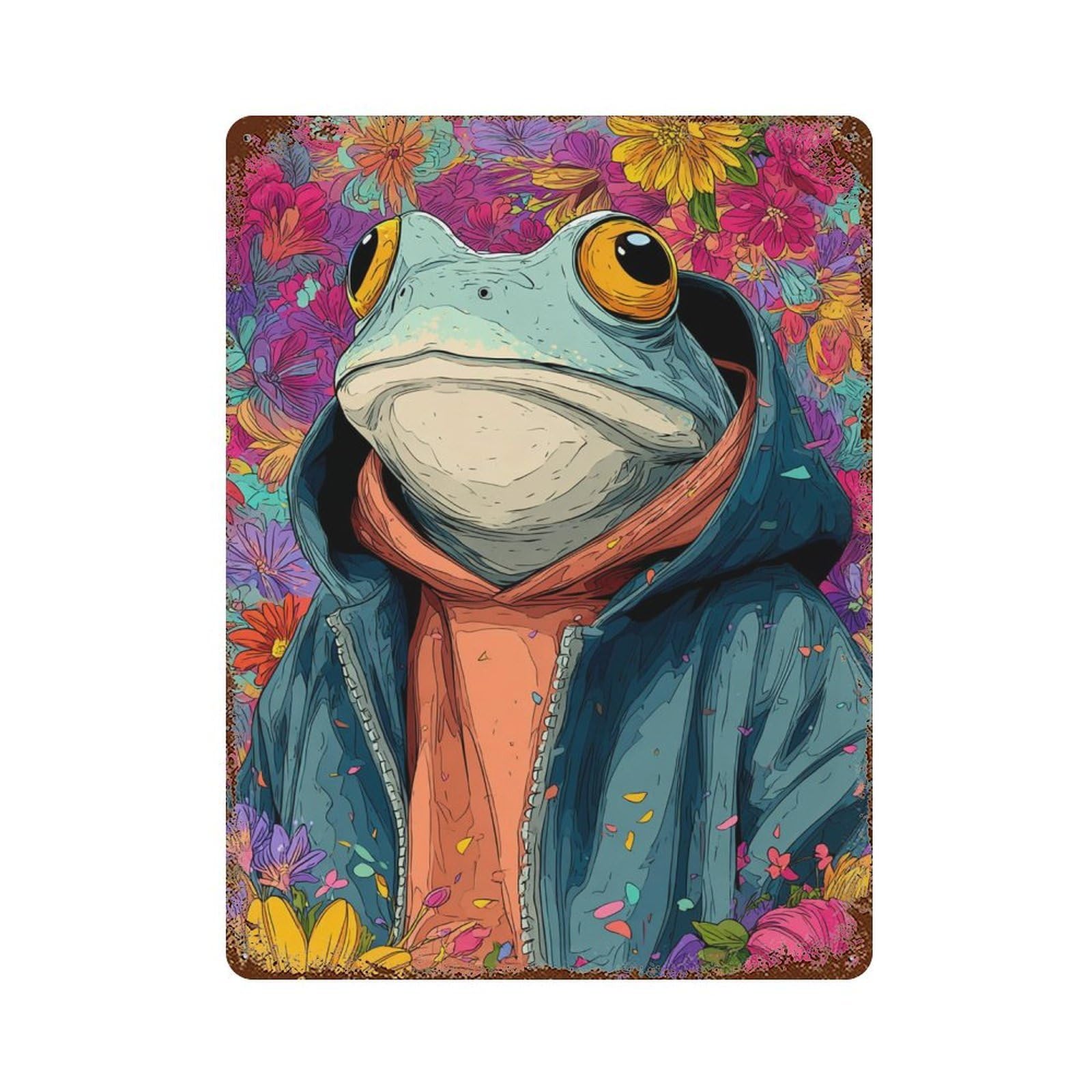 Distressed Metal Wall Sign Frog in Hoodie with Flowers 15.7"x11.8", Rustic Home Decor for Farmhouse, Kitchen And Entryway Decor