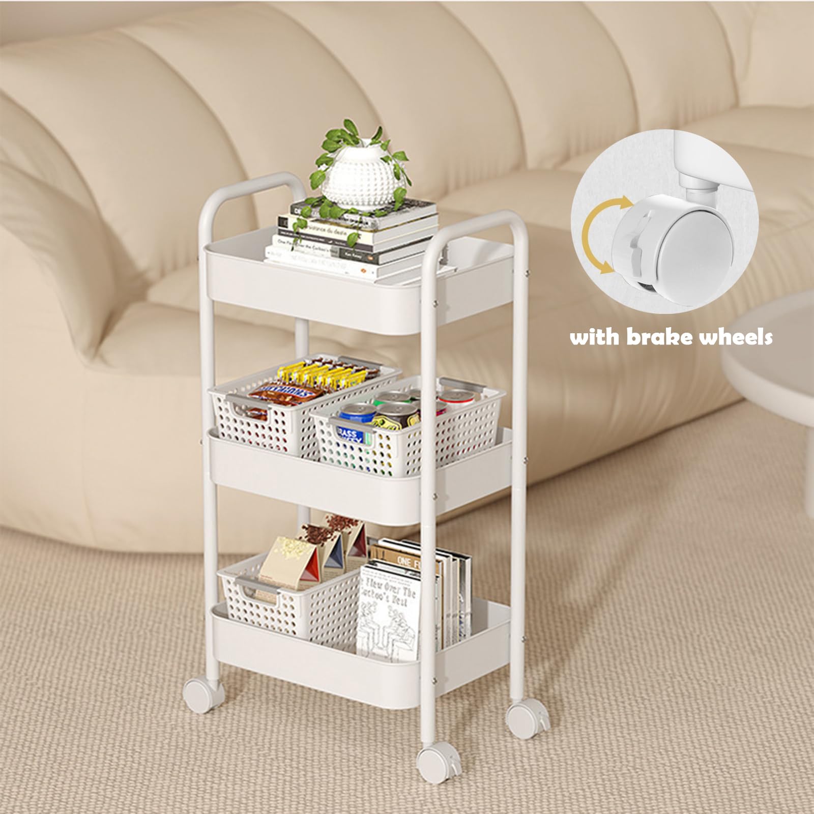 Carrello portaoggetti in materiale metallico, carrello a 3 livelli su ruote, carrello portaoggetti, dotato di tazze e ganci aggiuntivi, adatto per cucina, bagno, ufficio, soggiorno (3 livelli bianco)