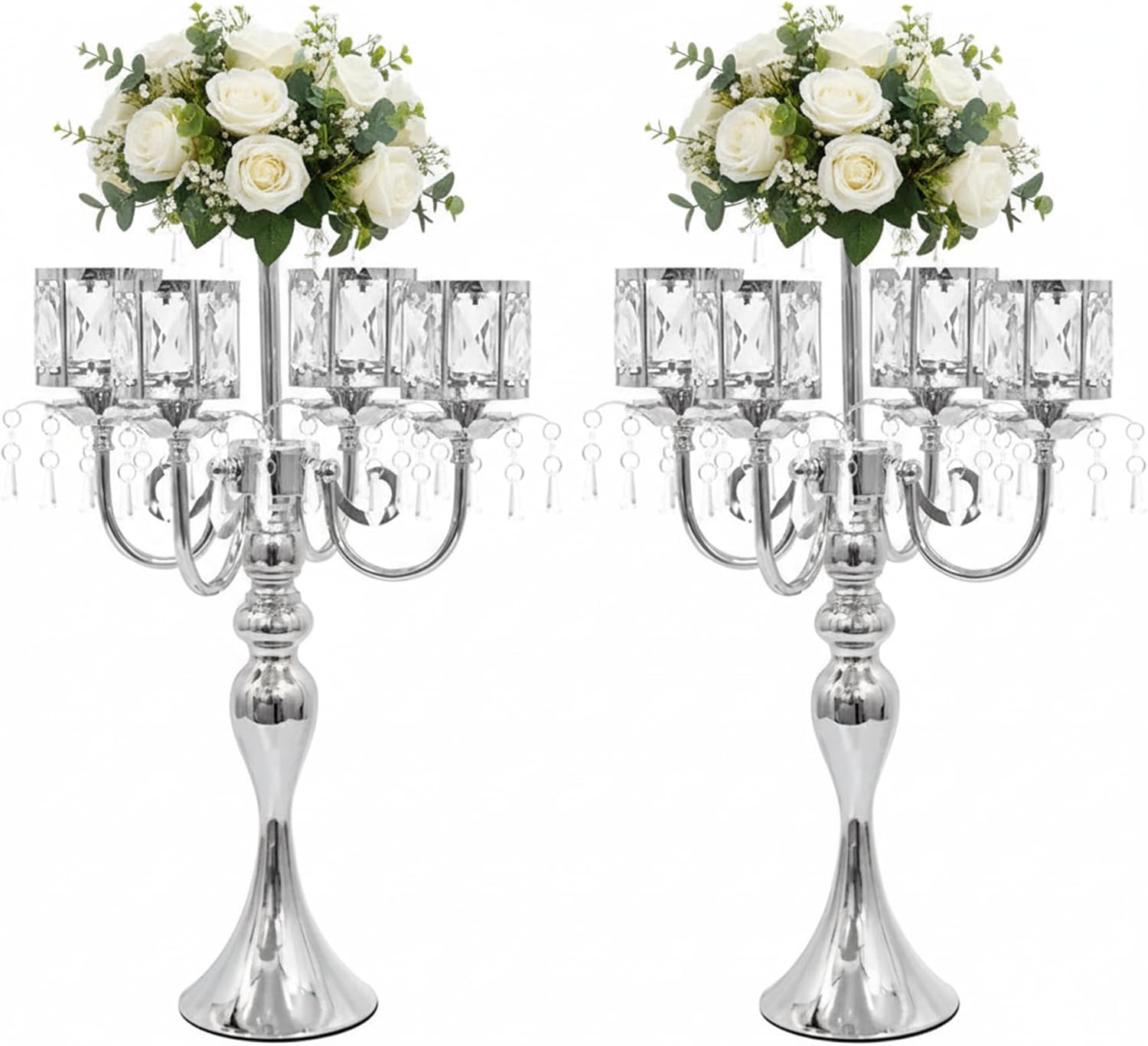 Silver Candelabra Centerpieces for Tables - 5 Arm Crystal Pendant Candle Holders, Elegant Metal Table Centerpieces, Candlestick Holder Stands for Gift Party Christmas Wedding Home Decor (Silver)