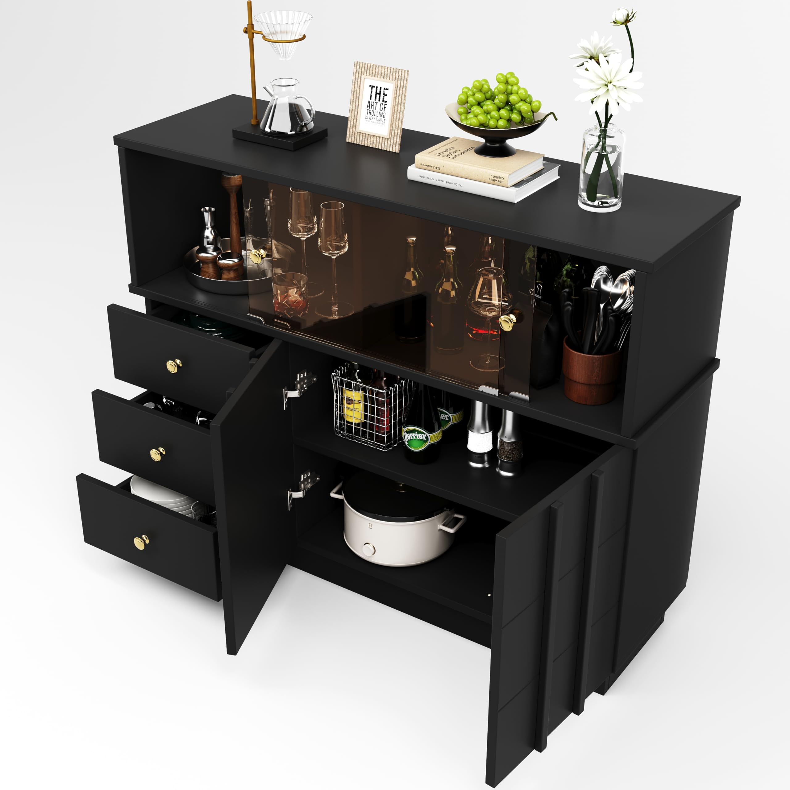 Mobile da cucina, credenza nera con ante fumose in vetro, 120 x 33 x 95 cm, design moderno.