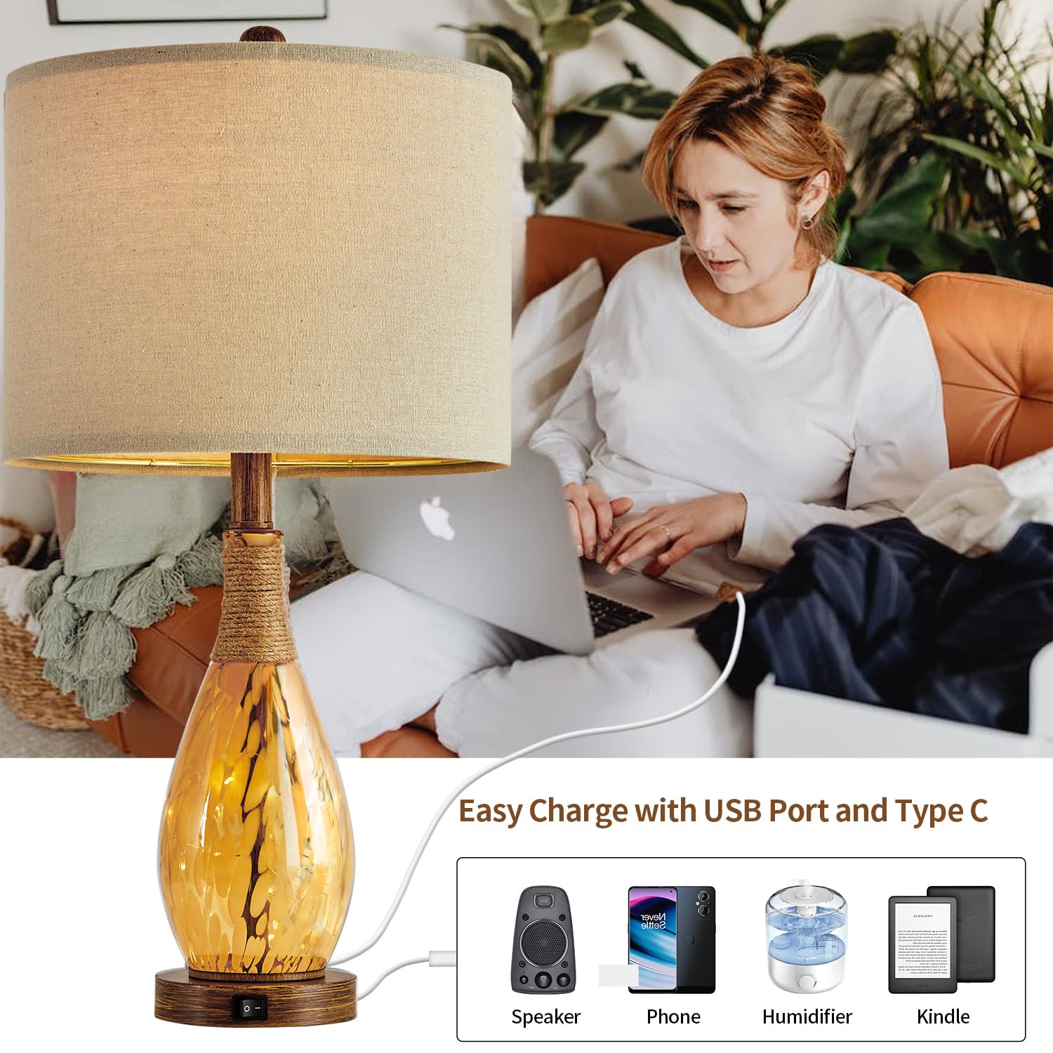 Lámpara de mesa USB A+C de 23 pulgadas para dormitorio, sala de estar, lámparas de noche modernas retro de casa de campo de ratán de cristal de mesita de noche (ámbar), dos puntos de luz 3