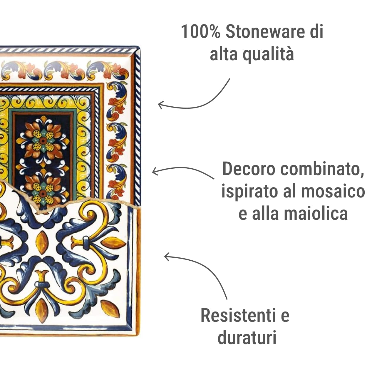 H&H Positano Set 6 Piatti Rettangolari in Stoneware 30x20 cm, Decoro Maioliche Mediterranee, Piatti da Portata per Antipasti e Aperitivi, Lavastoviglie e Microonde