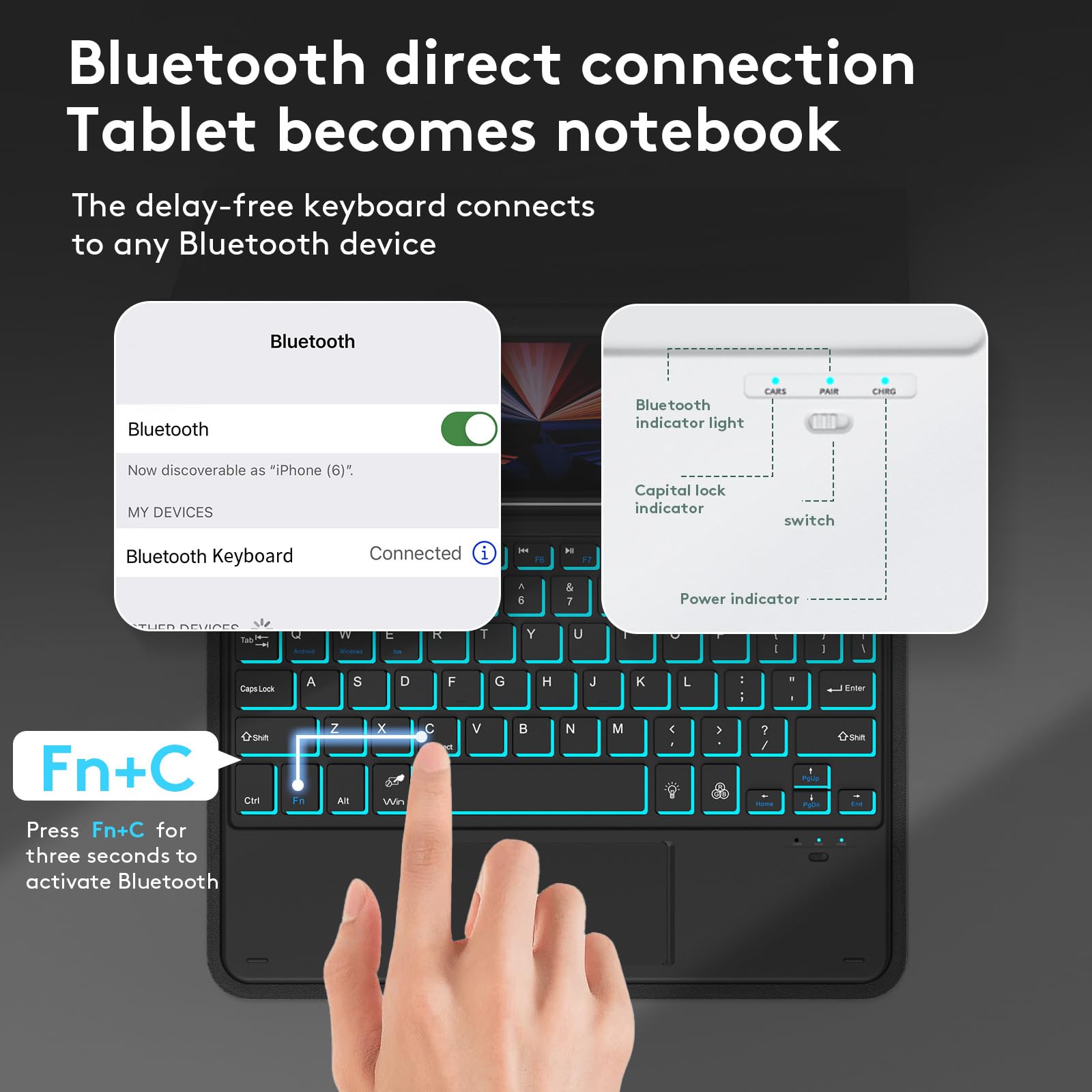 Etui z Klawiaturą do Redmi Pad 10.6" 2022 z Gładzikiem, 7 Kolorów Podświetlenia, Magnetyczna Odłączana Bezprzewodowa Klawiatura Bluetooth z Myszą,Black