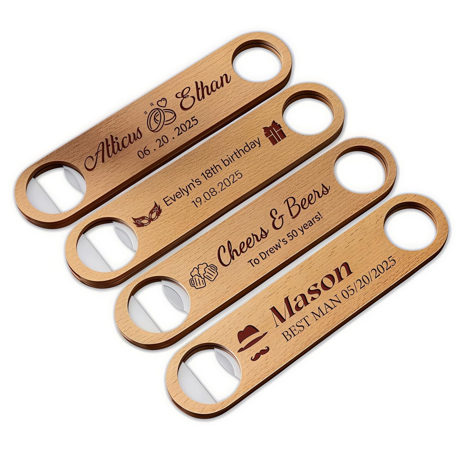 Abridor De Botellas De Cerveza De Madera Personalizado, Abridor De Botellas Con Nombre Grabado Personalizada, Accesorios De Bar Y Restaurante, Favor De Boda De Padrinos De Boda(10pcs)