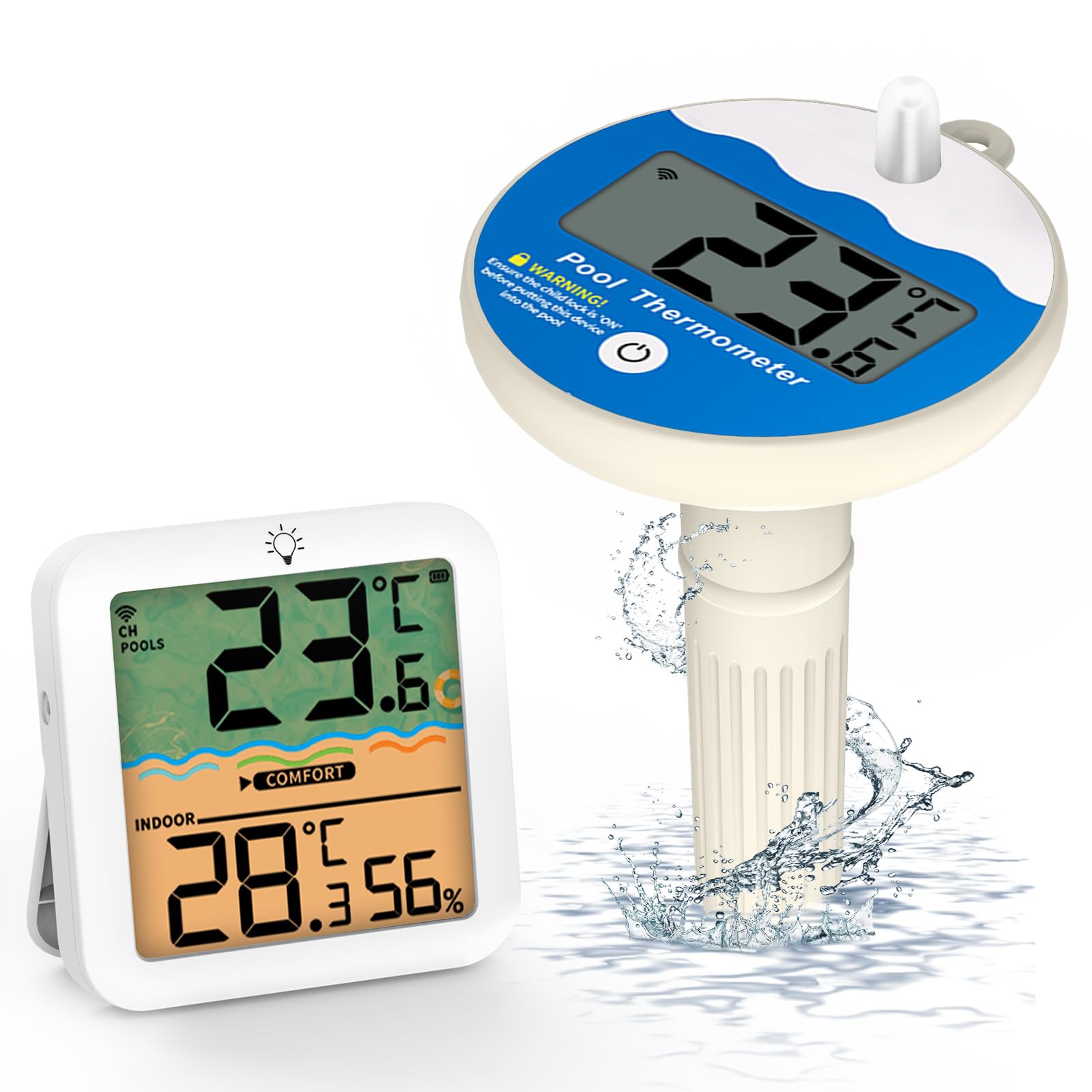 Thermomètre Piscine Connecté Sans Fil IP68, Thermomètre Piscine Connecté avec Récepteur Radio LCD, Portée jusqu'à 100m, Thermometre Piscines avec Température Intérieure/Extérieure et Humidité