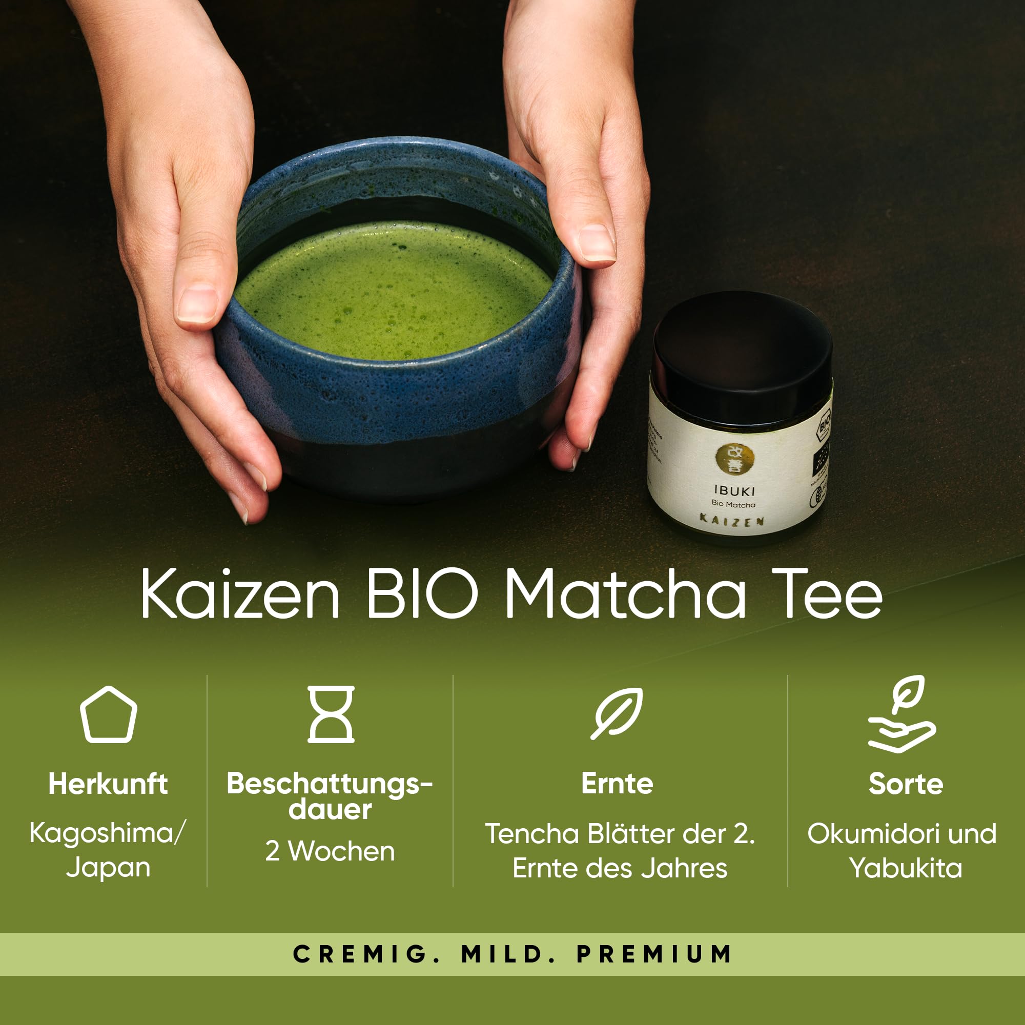 Kaizen - Matcha Pulver "Ibuki" - erlesener Premium Bio Matcha Tee - beschattet - Direktimport aus der Präfektur Kagoshima/Japan - 30g Dose mit UV & Sauerstoffschutz
