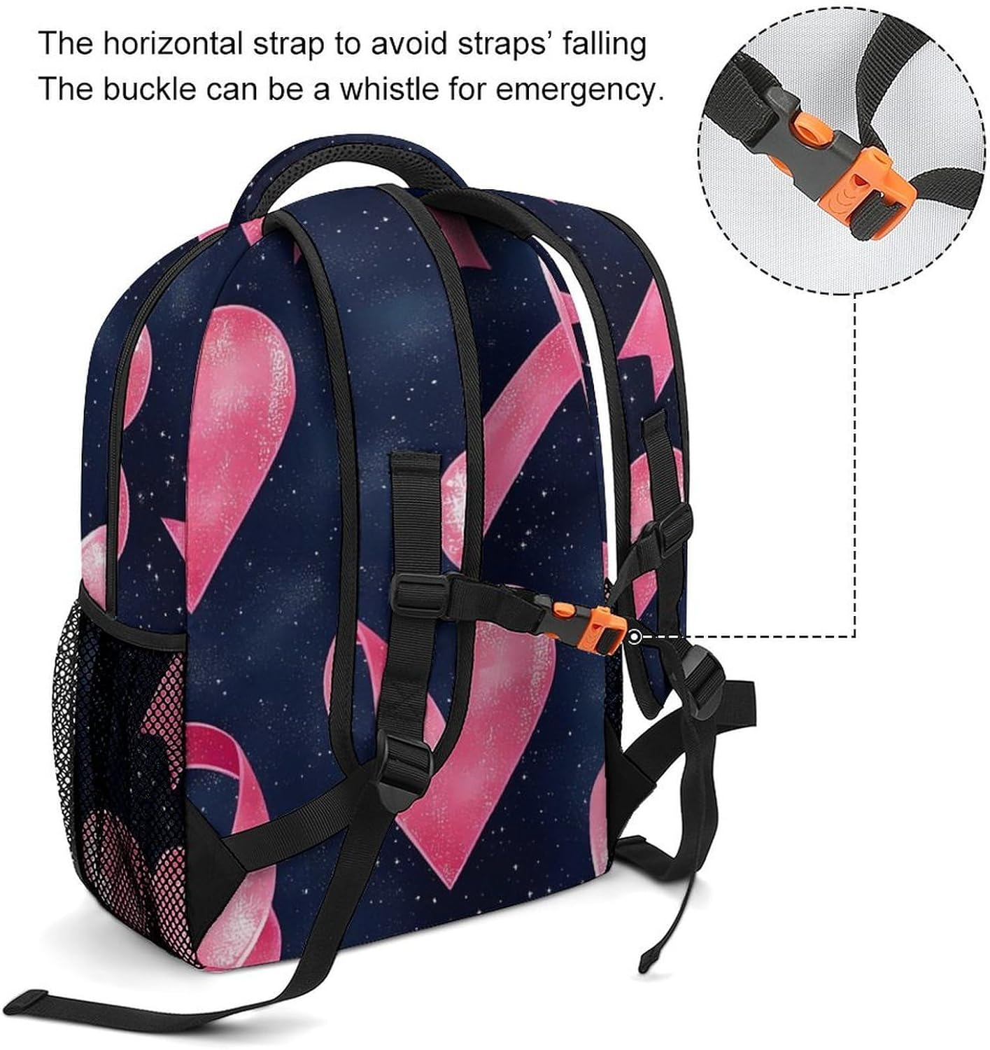 Breast Cancer Ribbons Hearts Unisex Backpack Casual Daypacks Lightweight Shoulders Bag for Camping Hiking Travel