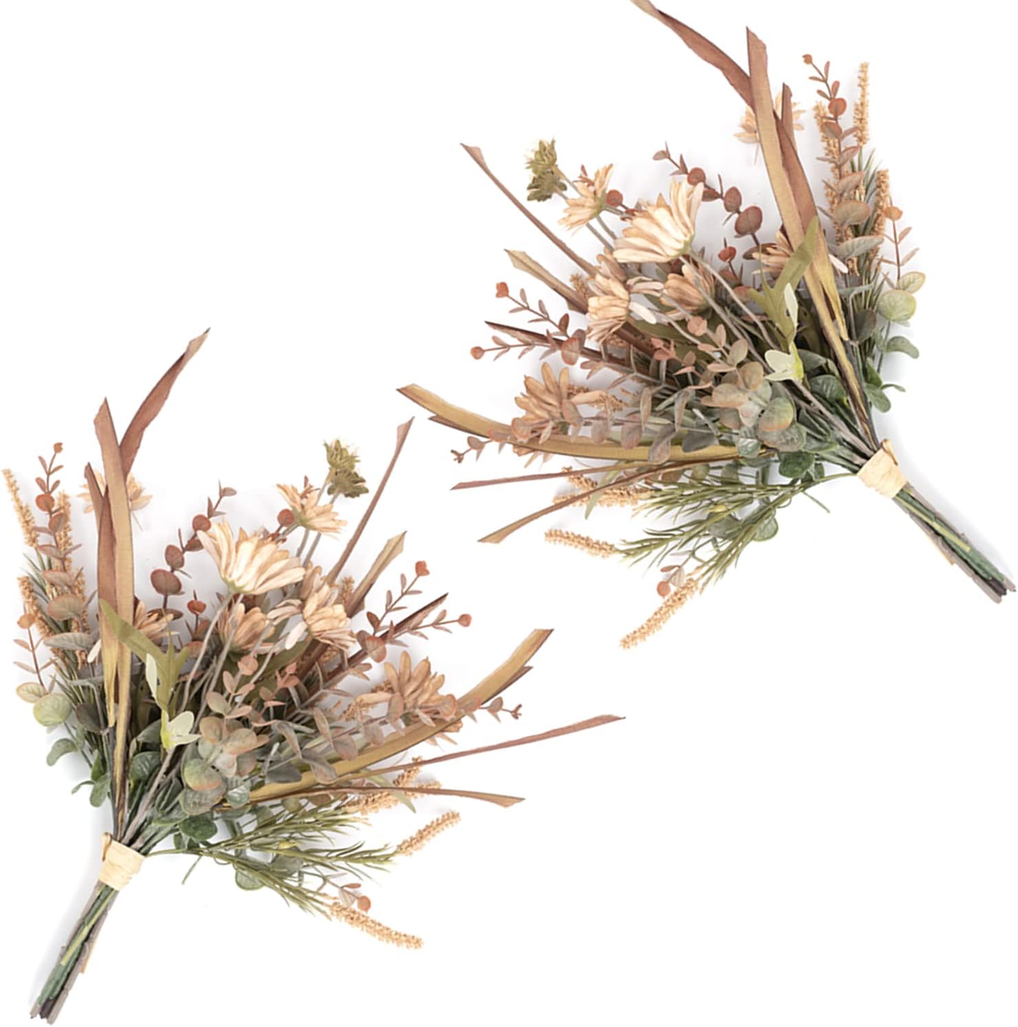 2Packs Artificial Faux Flowers Plant Silk 16.5" Fall Arrangement Boho Style Bouquets Floral Rustic Decoration Table Centerpieces for Home Kitchen (Pretty Blooming Eucalyptus Brown Ivory Daisy)