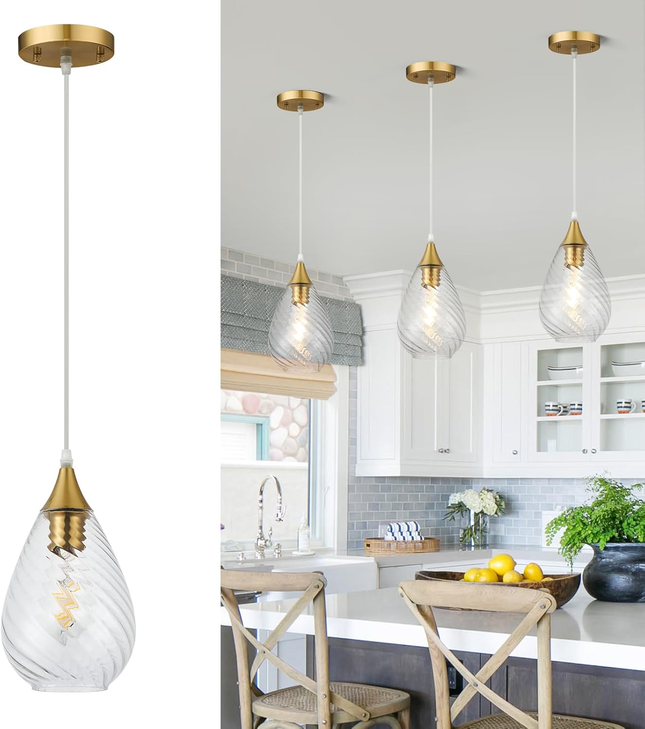 Brushed Gold Pendant Lights Kitchen Island Glass Kitchen Pendant Lighting Over Island, 1-Light Modern Brass Hanging Light Fixtures for Kitchen Sink Dining Room Bedroom, E26 Gold 1-Light, H 10"