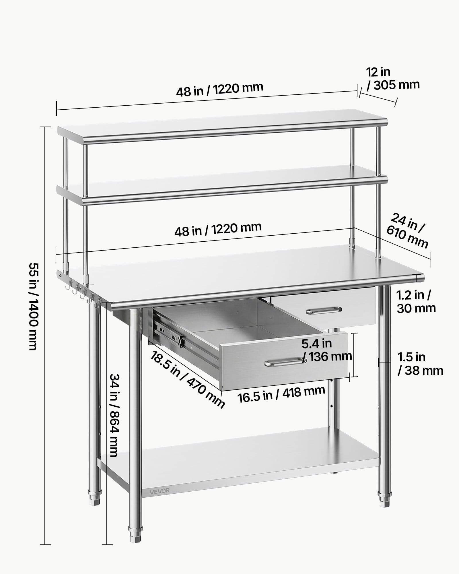 VEVOR Tavolo da Lavoro per Cucina, Tavolo per Preparazione da Cucina 1220 x 610 x 1400 mm in Acciaio Inox con Cassetti Ripiani Portaoggetti, Piano Carico max 245 kg, Ristorante, Hotel, Supermercato