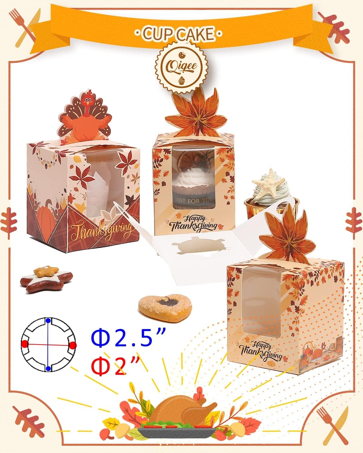 qiqee Thanksgiving Individual Cupcake Boxes Cupcake Holders Disposable 60pcs Single Cupcake Boxes with Window 3.7"x3.7"x4.5" Cupcake Containers For Thanksgiving image 5
