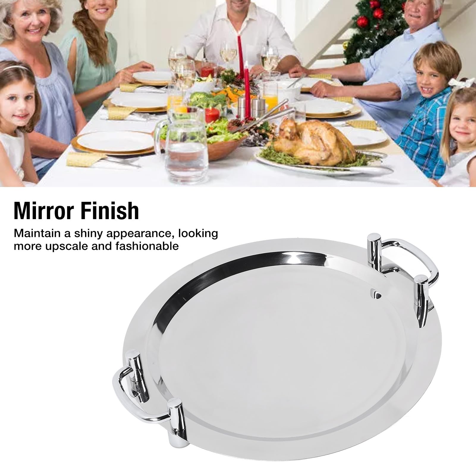 Serviertablett aus Edelstahl, Hell Verspiegelter Buffetteller Serviertablett mit Griff, Abendessen Tabletts Servierplatte für Camping BBQ Party Vorspeisen (Rund (16 Zoll))
