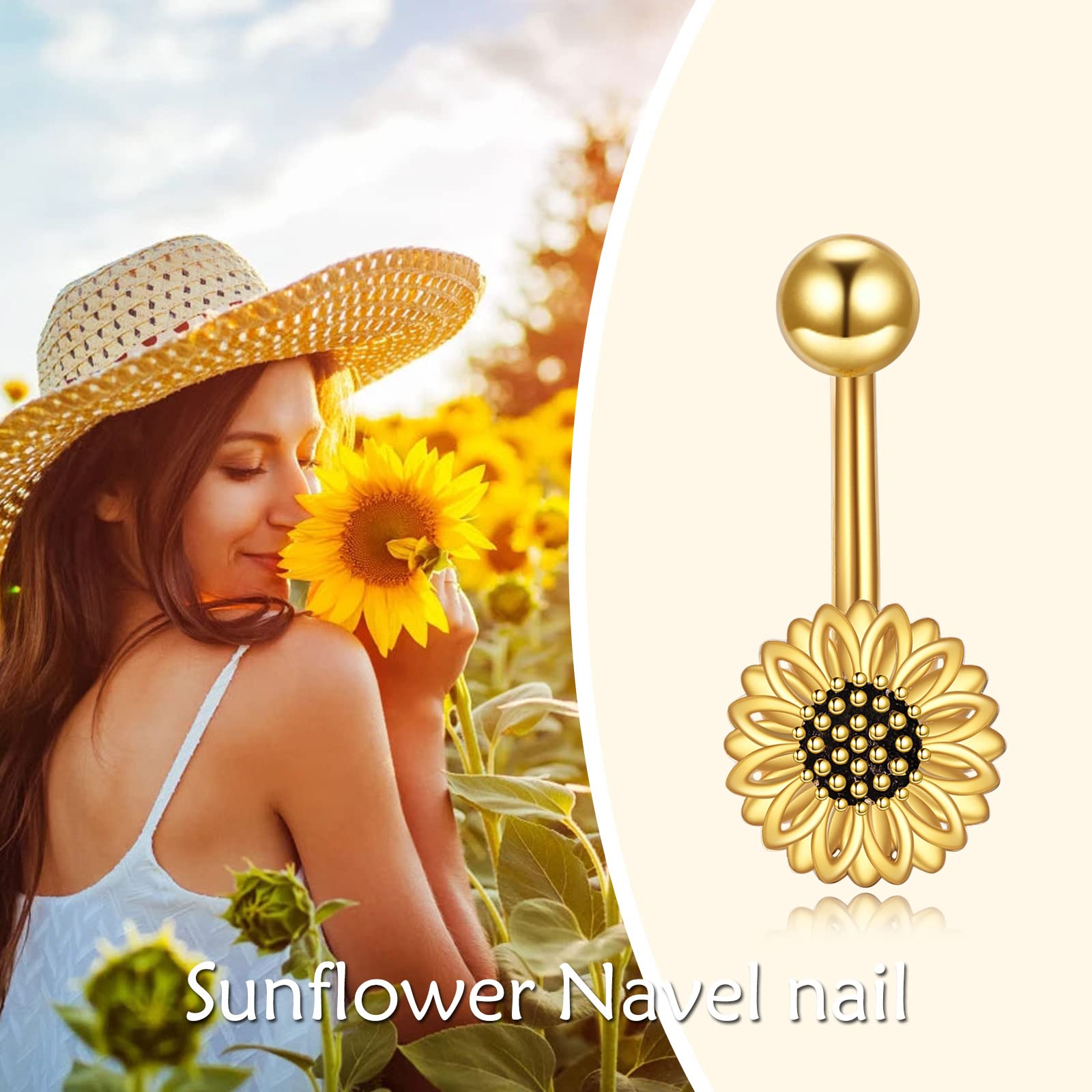 YFN Piercing para ombligo de plata de ley con margaritas, girasoles, mariposas, abejas, mal de ojo, turquesa, joyería hipoalergénica para mujeres y niñas, 8*23, Plata de ley, Circonita.