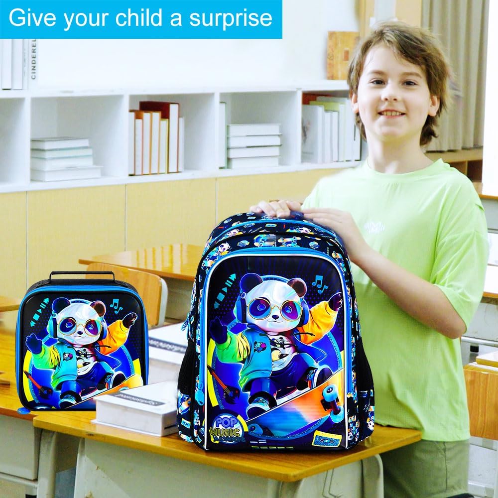 gxtvo 3PCS Panda Backpack for Boys, 16" Kids Bookbag with Lunch Box, Water Resistant Elementary Preschool Toddler School Bag - Image 7