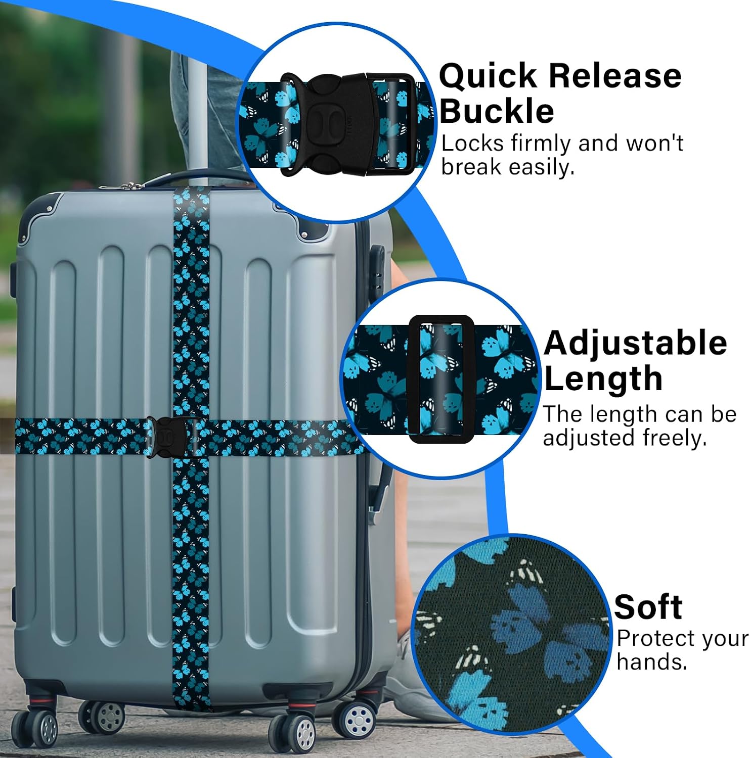 2 Pack Luggage Straps for Suitcases, Adjustable Travel Belt with Double Lock and Quick Release Buckle, Heavy Duty Nylon Bag Packing Strap, Unique Identifiers Travel Accessories-Blue Butterfly image 4