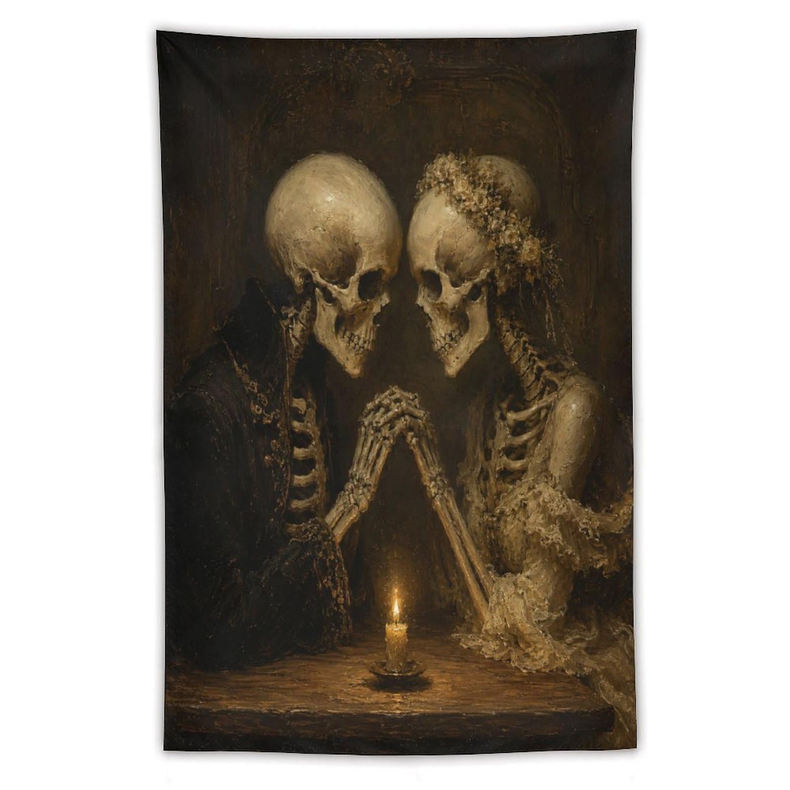 W7C8U2X3 Skeleton Couple Candlelight Wall Tapestry, Gothic Oil, Gothic Love
