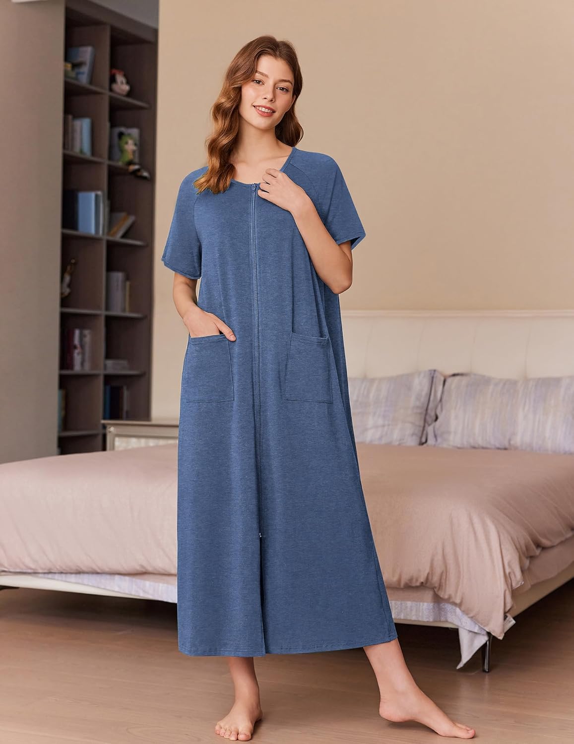 Ekouaer Women Long House Coat Zipper Front Robes Full Length Nightgowns with Pockets Striped Loungewear S-4XL - Image 3