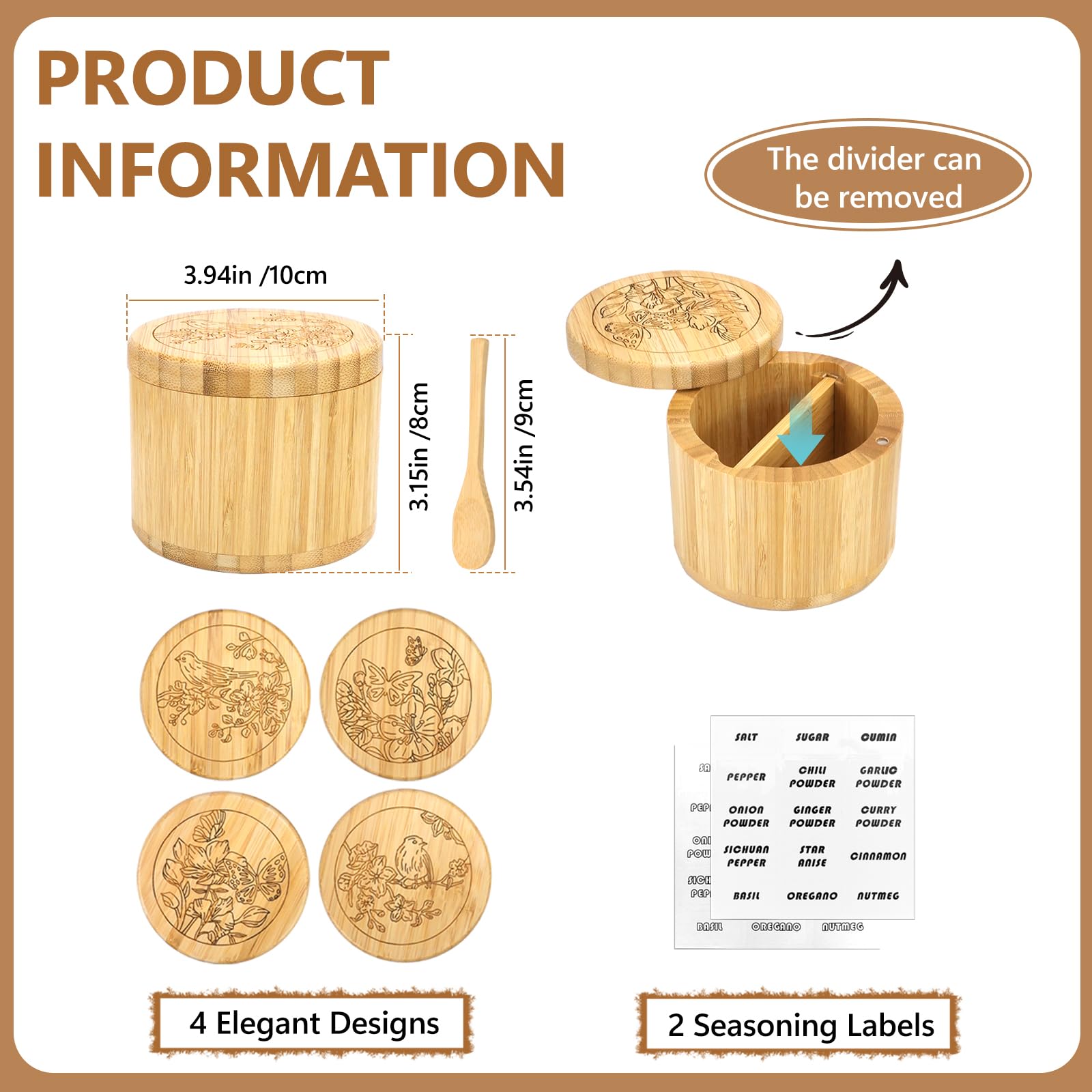 RETON Paquete de 4 cajas de sal de bambú con divisor, contenedor de especias de madera para especias y pimienta con tapa giratoria magnética y cuchara, tarros de madera para sal, pimienta, especias