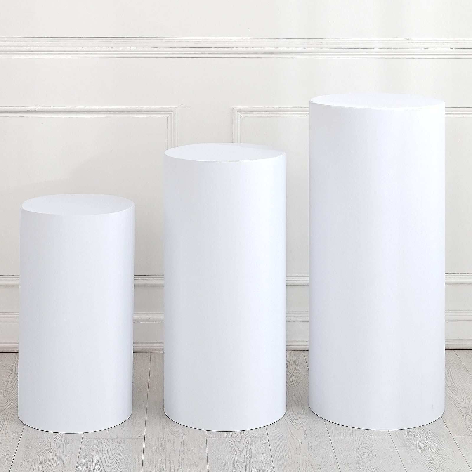 QUARKZMAN Set of 3 Housses De Socle Cylindrique En Spandex Blanc, Housse De Socle Pour Décoration De Mariage Anniversaire Fête, Contient Uniquement (Tissu Élastique - Grand)