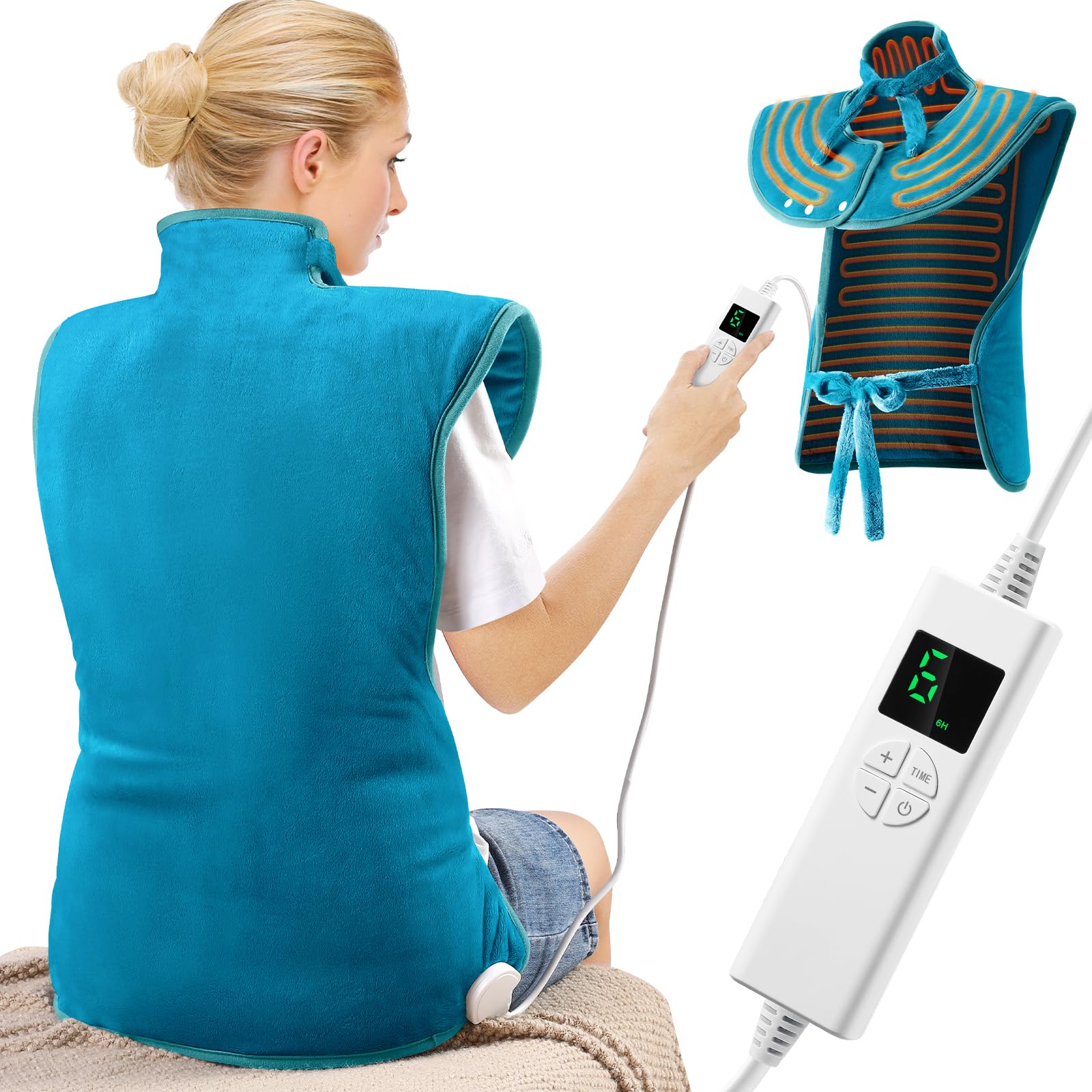 Termoforo Elettrico Cervicalee Spalle, Schiena,Cuscino Elettrico Riscaldante 61x94cm Con timer di 4 ore e 6 Livelli di Riscaldamento Spegnimento Automatico,Lavabile Termoforo Lombare Ricaricabile Blu