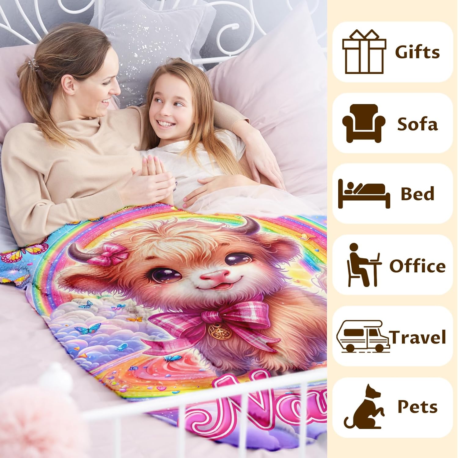 Highland Cow Blanket Gifts for Girls Women Adults, Personalized Blankets for Birthday Christmas Decor, 80x60 Inches Warm Lightweight Rainbow Cow Throws for Bedding Home Room