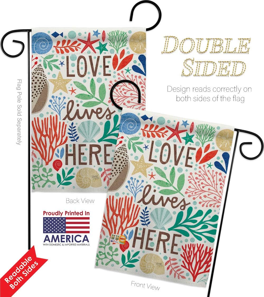 Love Lives Here Garden Flag Set Wall Holder Coastal Beach Tropical Sea Shells Ocean Sand Outdoor Summer Coral Small Decorative Gift Yard House Banner Double-Sided Made In USA 13 X 18.5