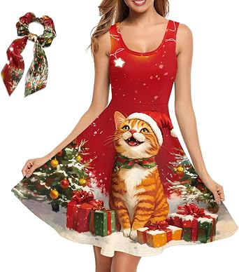 COEQINE 2 Pcs Womens Beach Dress for Vacation Christmas Scrunchies Plus Size Sundresses for Beithday Gifts, XS-4XL