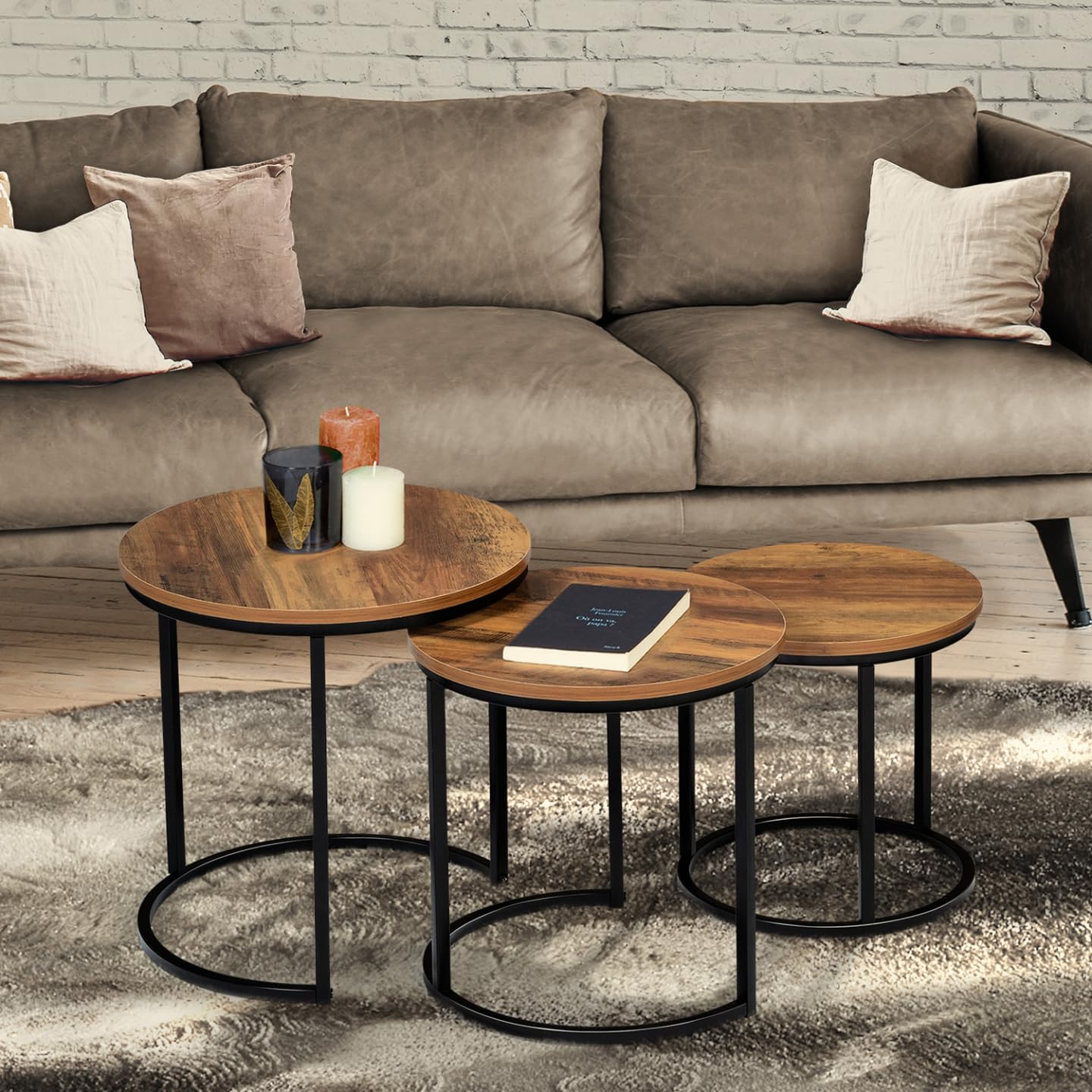 IDMarket - Lot de 3 Tables Basses gigognes Hawkins Rondes 30/40/45 Bois foncé Design Industriel