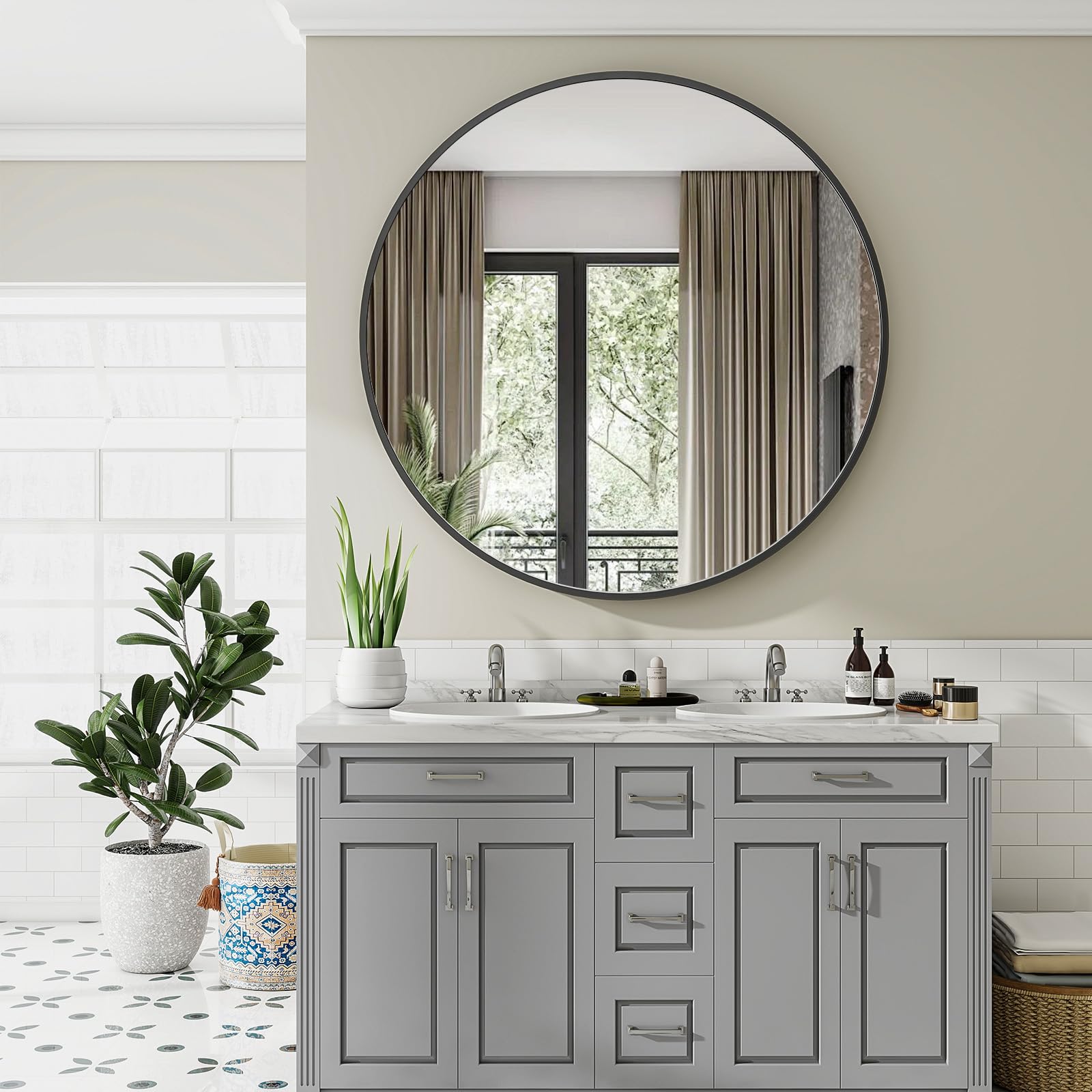 Koonmi Specchio rotondo grande 106 cm nero, specchio da parete rotondo con telaio in lega di alluminio per bagno, lavandino, soggiorno, camera da letto, decorazione da parete d'ingresso