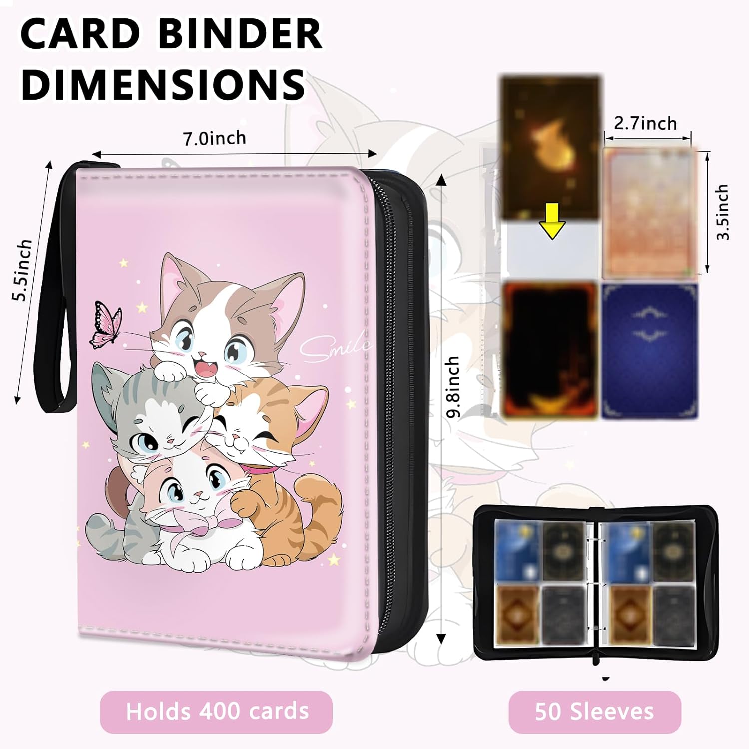 Card Binder for Girls Gifts 4 Pocket with 50 Sleeves 400 Cards Collectible Trading Binder Case Cute Album Holder Game sports collector supplier provides books、for MTG, TCG & Sport Cards(Cute 4 cats)