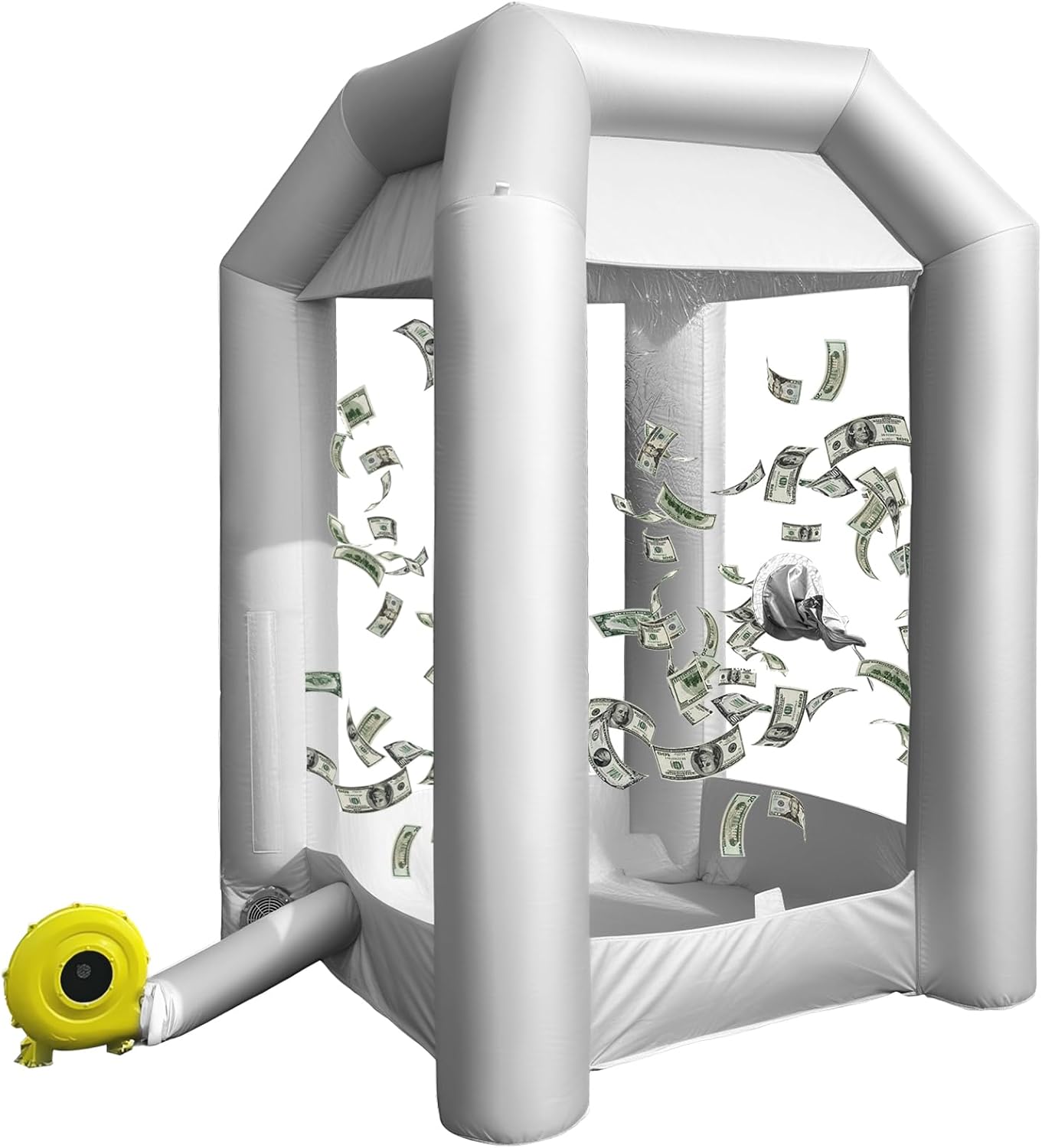 Inflatable Cash Cube Booth with 2 Blowers, Inflatable Money Grab Machine for Commercial Advertising & Event Promotion, Fast Inflation (Silver, 5.2x5.2x8.5FT)