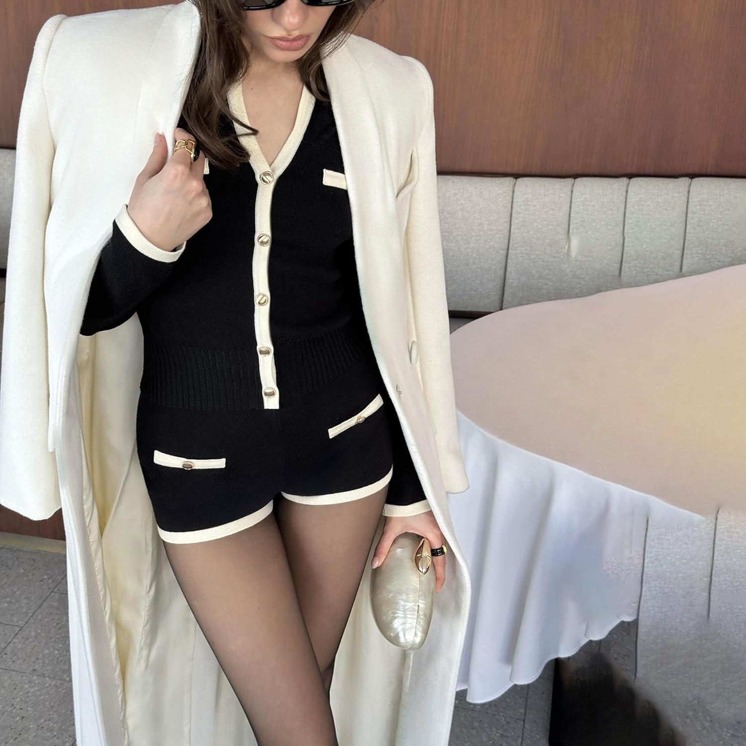 Knit 2 Piece Sets for Women V Neck Cardigan with Gold Buttons High Waisted Shorts Outfit Date Night Casual Wear - Image 3