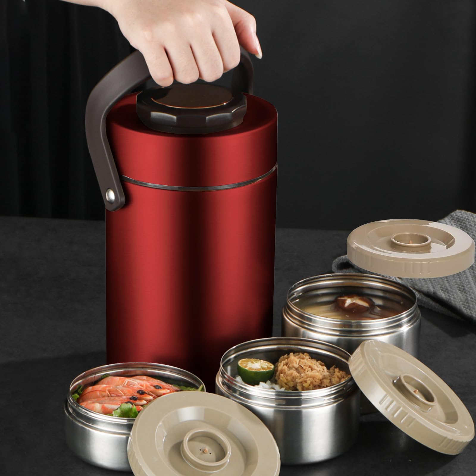 SSAWcasa Thermoskanne für heiße Speisen, 3-lagig, stapelbar, 1,9 l, isolierte Lunchbox, große Suppen-Thermosdose mit Lunchtasche, Löffel, Gabel, Edelstahl, Reise-Bento-Behälter für Erwachsene, Büro,