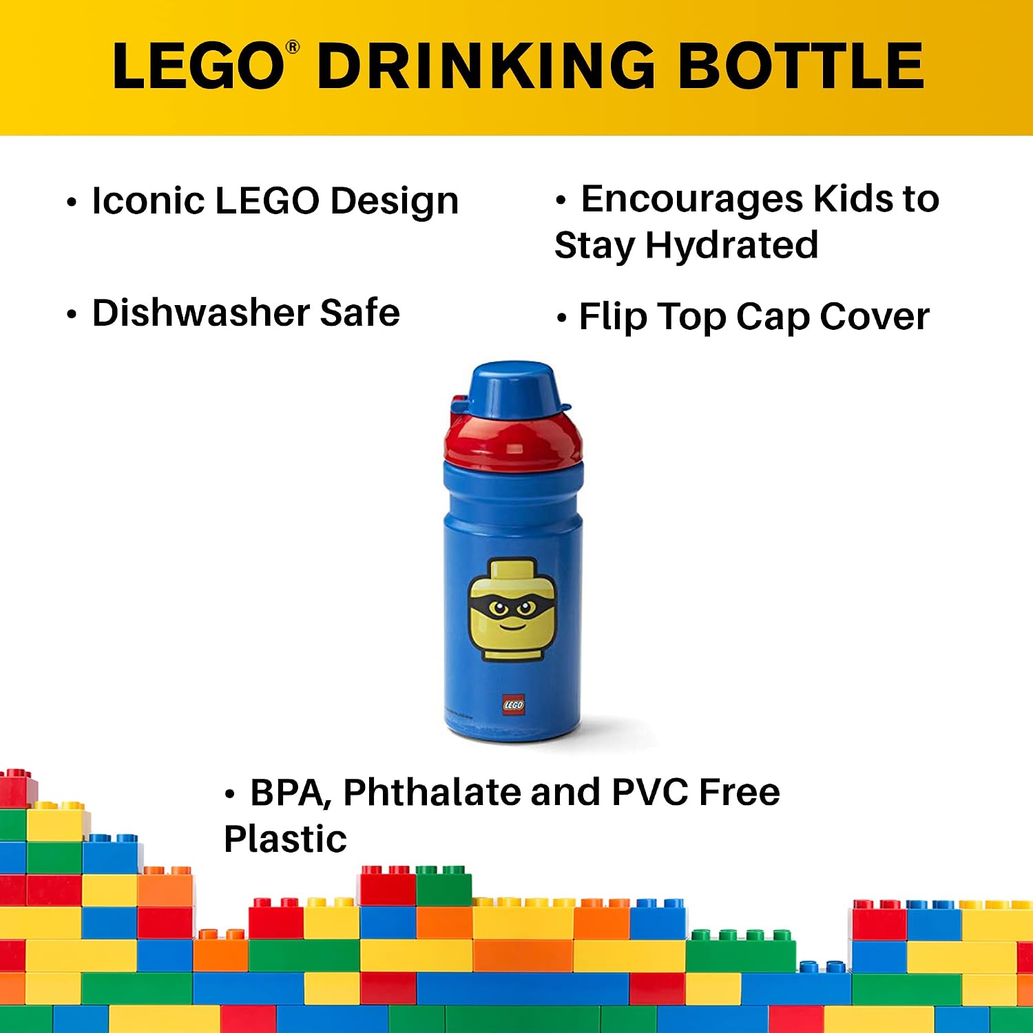 Room Copenhagen LEGO Iconic Drinking Bottle - 13 oz - Fun and Practical Kids’ Water Bottle with Covered Spout, Sports Water Bottle, Blue and Red
