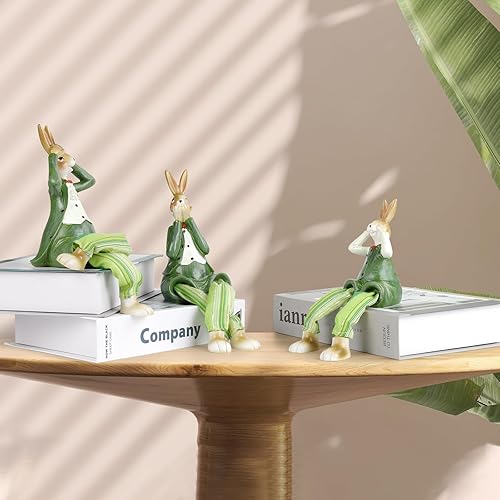 Miniatura 6 de Juego de 3 piezas de estatua de conejo verde, lindo conejo, decoración de estantes de conejo, elegantes esculturas de conejo para decoración del