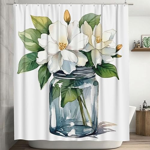 YLATY3027 - Cortina de ducha con estampado de flores y flores para baño, juego de cortina de ducha bohemia con hojas verdes y flores blancas, tela