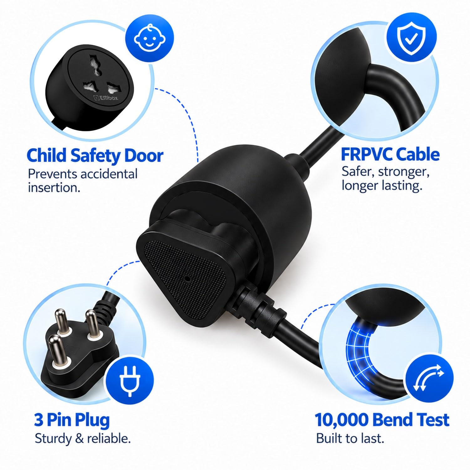 Embox 10A Single Socket Extension Board-Heavy Duty Male to Female Power Extension Cord-2500W Wire Extender for Indoor Outdoor Use-3Pin Single Plug Extension Cable — Amazon image 3