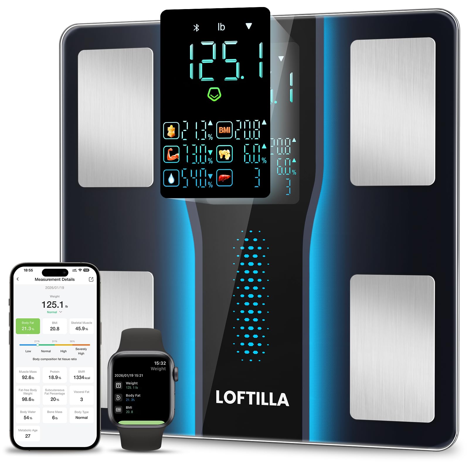LOFTILLA Smart Scale for Body Weight, Accurate Scale with BMI Body Fat Muscle Mass, 8-in-1 Large Display, Digital Bathroom Scales for 14 Body Composition Metrics, Sync with Fitness App, Black-image-46